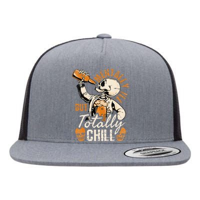 Mentally Ill But Totally Chill Skeleton Halloween Flat Bill Trucker Hat