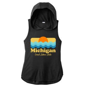 Michigan Great Lakes State Retro Sun Lake Ladies PosiCharge Tri-Blend Wicking Draft Hoodie Tank