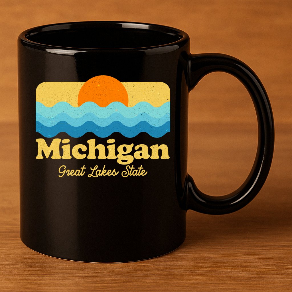 Michigan Great Lakes State Retro Sun Lake 11oz C Handle Ceramic Mug