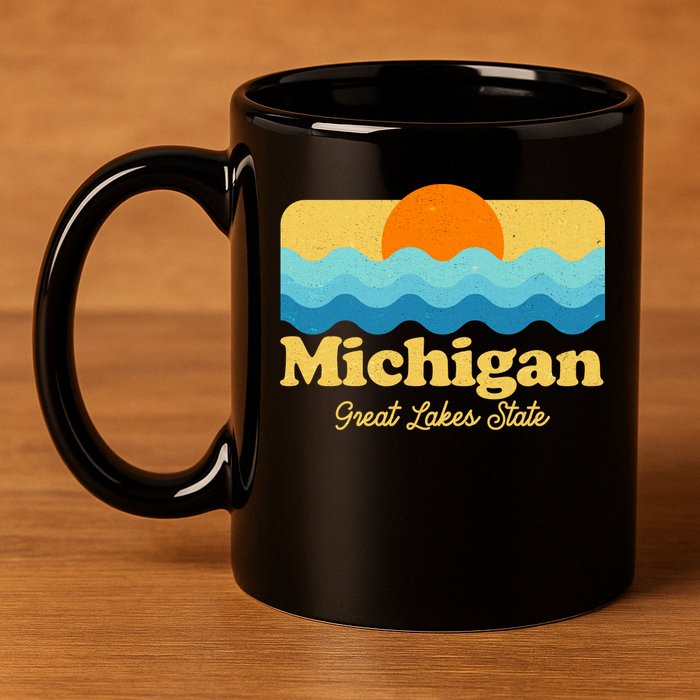 Michigan Great Lakes State Retro Sun Lake 11oz C Handle Ceramic Mug
