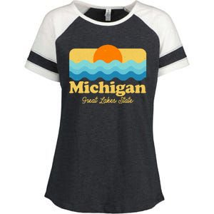 Michigan Great Lakes State Retro Sun Lake Enza Ladies Jersey Colorblock Tee