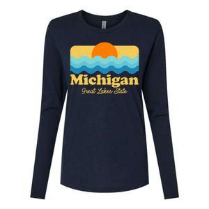 Michigan Great Lakes State Retro Sun Lake Womens Cotton Relaxed Long Sleeve T-Shirt