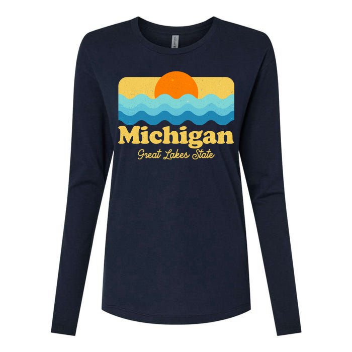 Michigan Great Lakes State Retro Sun Lake Womens Cotton Relaxed Long Sleeve T-Shirt