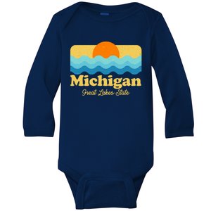 Michigan Great Lakes State Retro Sun Lake Baby Long Sleeve Bodysuit