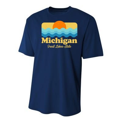 Michigan Great Lakes State Retro Sun Lake Youth Performance Sprint T-Shirt