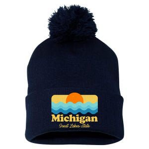 Michigan Great Lakes State Retro Sun Lake Pom Pom 12in Knit Beanie