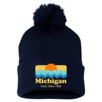 Michigan Great Lakes State Retro Sun Lake Pom Pom 12in Knit Beanie