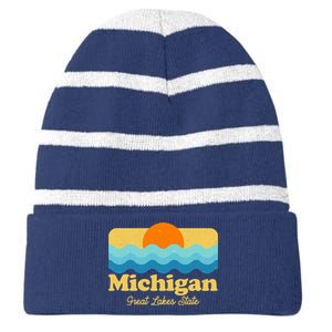 Michigan Great Lakes State Retro Sun Lake Striped Beanie with Solid Band