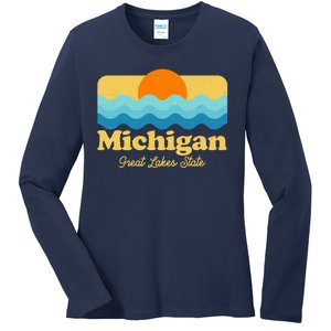 Michigan Great Lakes State Retro Sun Lake Ladies Long Sleeve Shirt