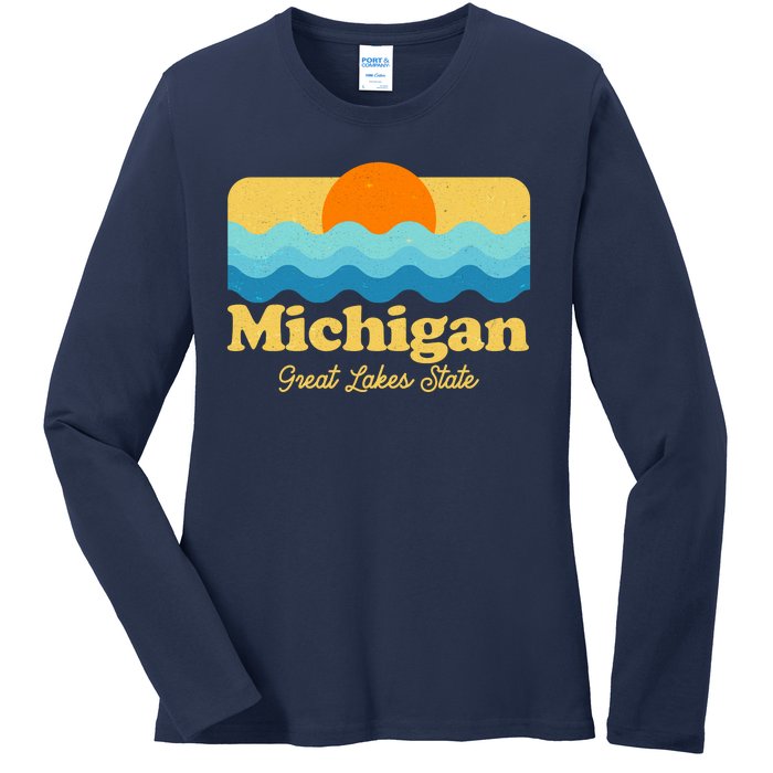 Michigan Great Lakes State Retro Sun Lake Ladies Long Sleeve Shirt