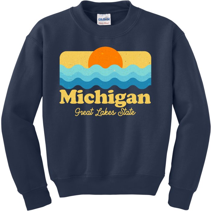 Michigan Great Lakes State Retro Sun Lake Kids Sweatshirt