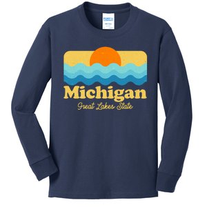 Michigan Great Lakes State Retro Sun Lake Kids Long Sleeve Shirt