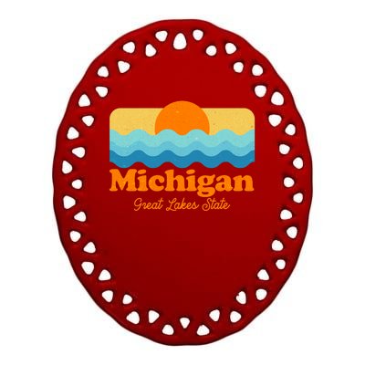 Michigan Great Lakes State Retro Sun Lake Ceramic Oval Ornament