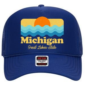 Michigan Great Lakes State Retro Sun Lake High Crown Mesh Back Trucker Hat