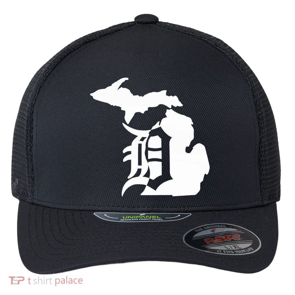 Michigan Mitten Old English D Detroit Flexfit Unipanel Trucker Cap