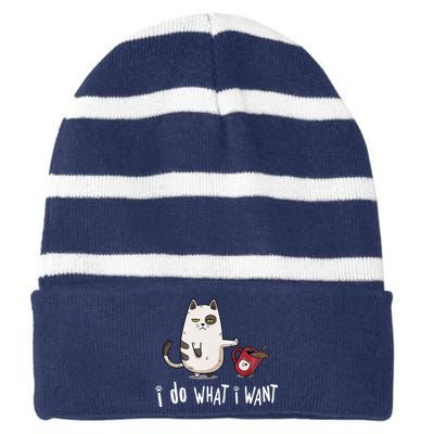 Meow I Do What I Want Vintage Black Cat Red Cup Funny My Cat Striped Beanie with Solid Band