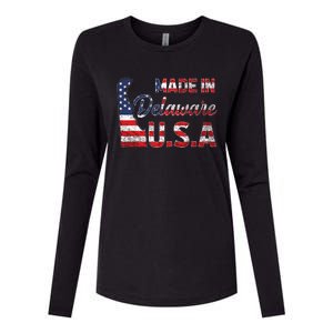 Made In Delaware Us Map State American Flag Delaware Womens Cotton Relaxed Long Sleeve T-Shirt