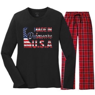 Made In Delaware Us Map State American Flag Delaware Women's Long Sleeve Flannel Pajama Set 