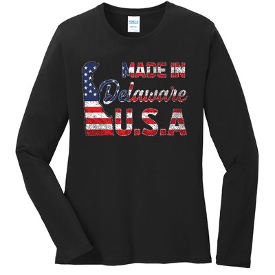 Made In Delaware Us Map State American Flag Delaware Ladies Long Sleeve Shirt