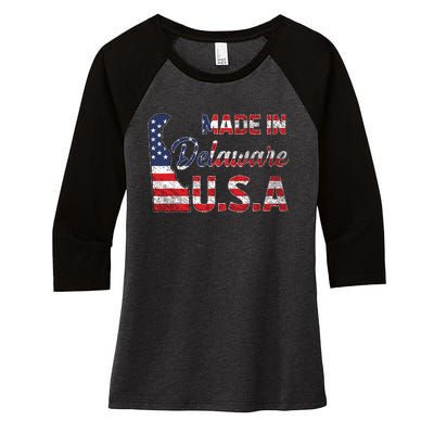 Made In Delaware Us Map State American Flag Delaware Women's Tri-Blend 3/4-Sleeve Raglan Shirt