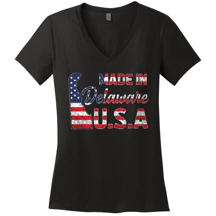 Made In Delaware Us Map State American Flag Delaware Women's V-Neck T-Shirt