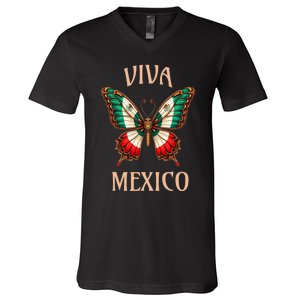 Mexico Independence Day Butterfly Mexican Flag V-Neck T-Shirt