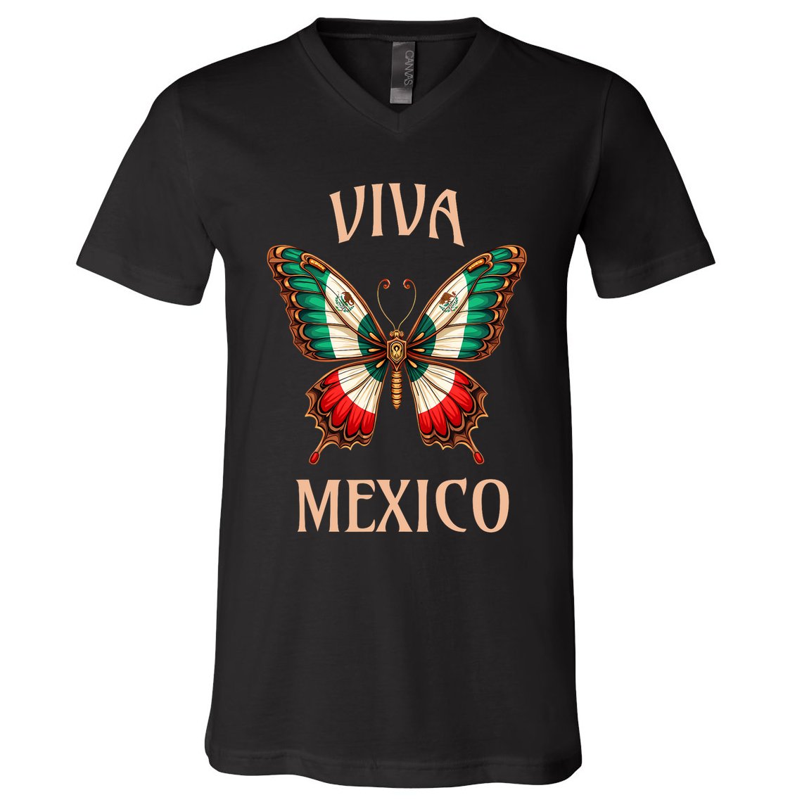 Mexico Independence Day Butterfly Mexican Flag V-Neck T-Shirt