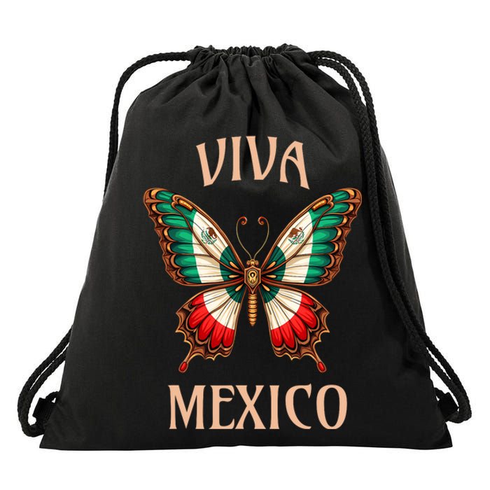 Mexico Independence Day Butterfly Mexican Flag Drawstring Bag