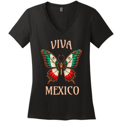 Mexico Independence Day Butterfly Mexican Flag Women's V-Neck T-Shirt