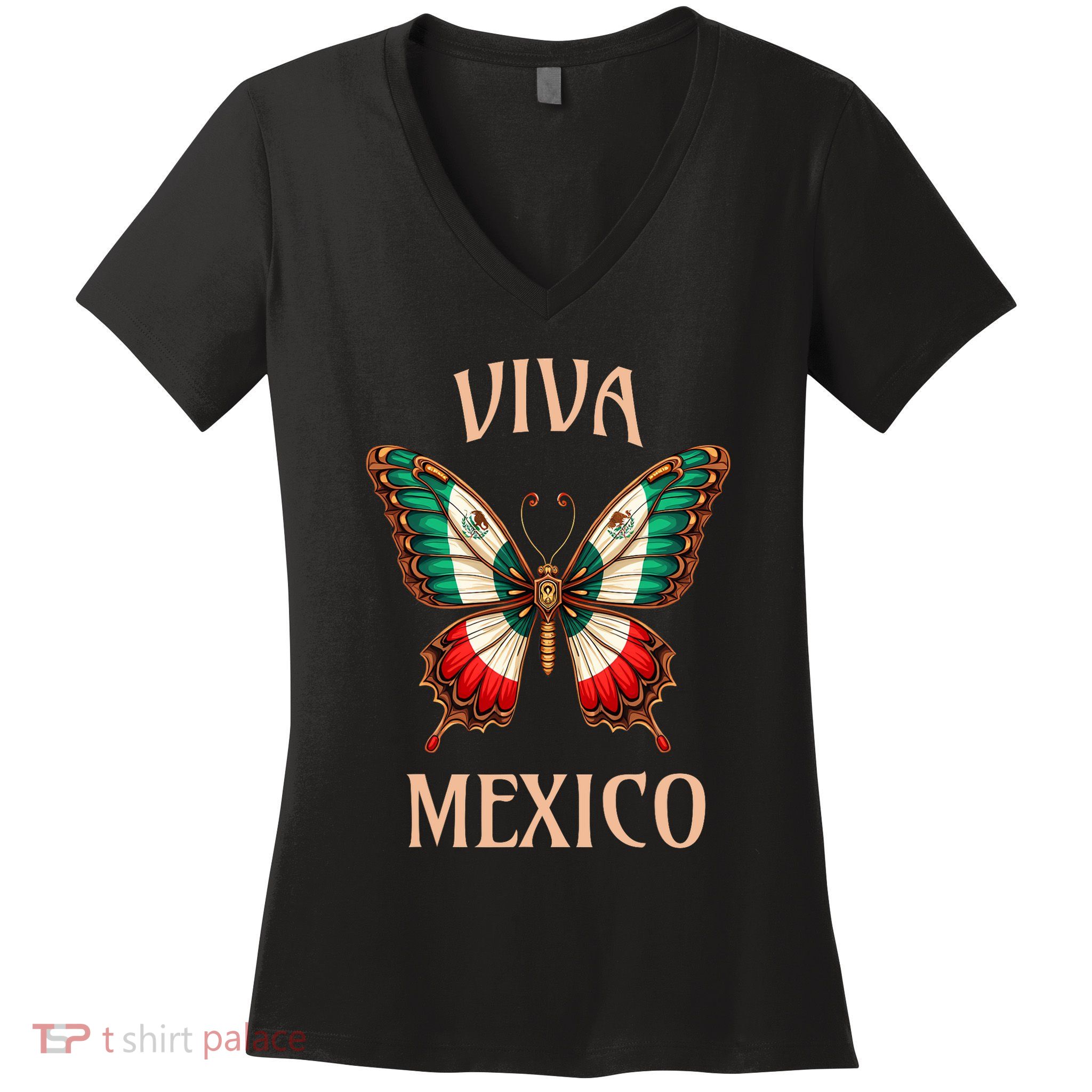 Mexico Independence Day Butterfly Mexican Flag Women's V-Neck T-Shirt