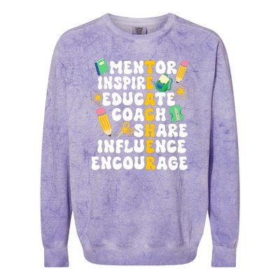 Mentor Inspire Educate Coach Share Influence Encourage Teacher Back To School Colorblast Crewneck Sweatshirt