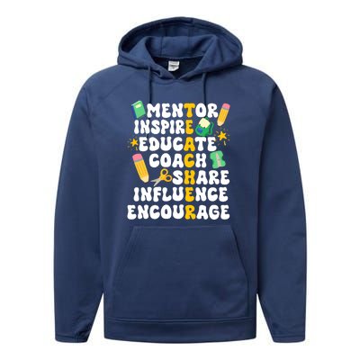 Mentor Inspire Educate Coach Share Influence Encourage Teacher Back To School Performance Fleece Hoodie