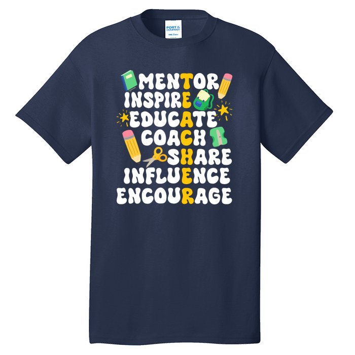 Mentor Inspire Educate Coach Share Influence Encourage Teacher Back To School Tall T-Shirt