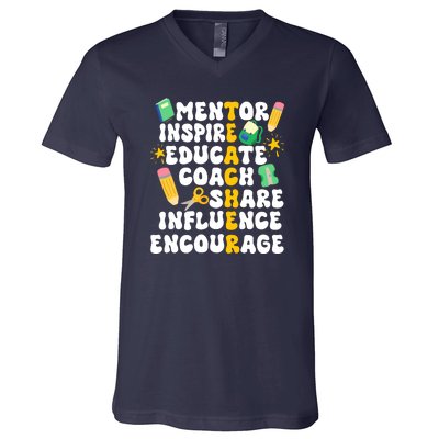 Mentor Inspire Educate Coach Share Influence Encourage Teacher Back To School V-Neck T-Shirt