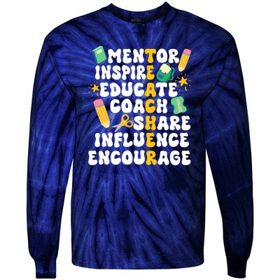 Mentor Inspire Educate Coach Share Influence Encourage Teacher Back To School Tie-Dye Long Sleeve Shirt