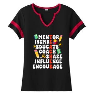 Mentor Inspire Educate Coach Share Influence Encourage Teacher Back To School Ladies Halftime Notch Neck Tee