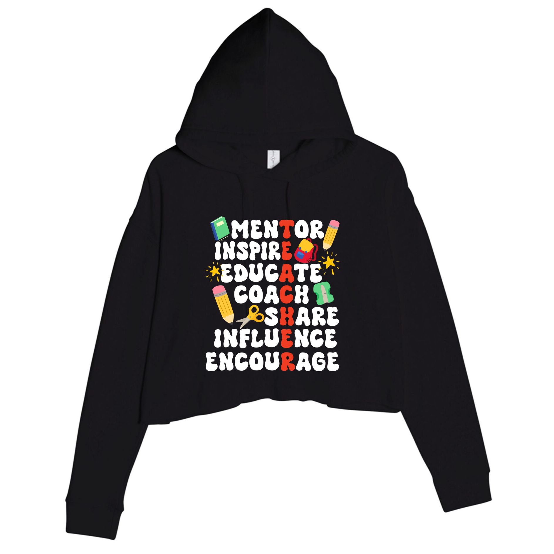 Mentor Inspire Educate Coach Share Influence Encourage Teacher Back To School Crop Fleece Hoodie