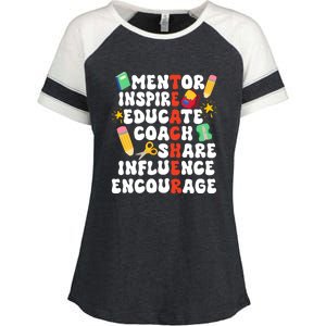 Mentor Inspire Educate Coach Share Influence Encourage Teacher Back To School Enza Ladies Jersey Colorblock Tee