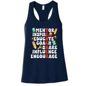 Mentor Inspire Educate Coach Share Influence Encourage Teacher Back To School Women's Racerback Tank