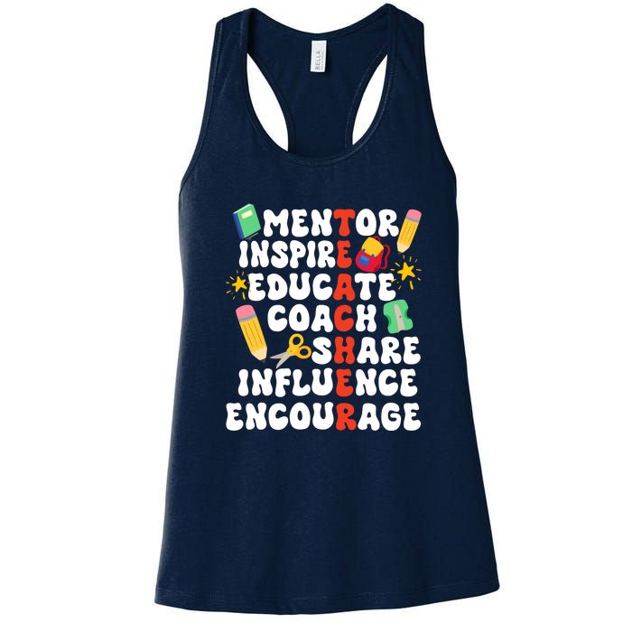 Mentor Inspire Educate Coach Share Influence Encourage Teacher Back To School Women's Racerback Tank