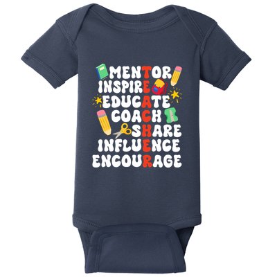 Mentor Inspire Educate Coach Share Influence Encourage Teacher Back To School Baby Bodysuit