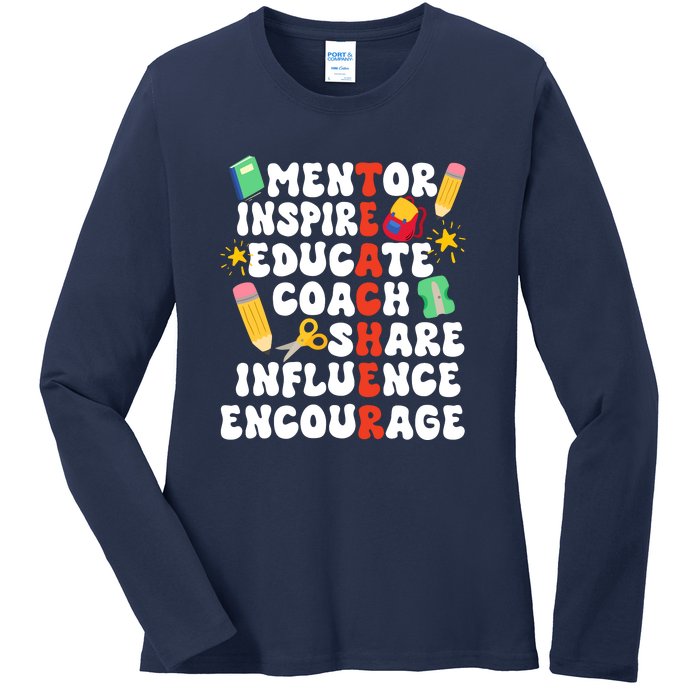 Mentor Inspire Educate Coach Share Influence Encourage Teacher Back To School Ladies Long Sleeve Shirt