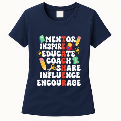 Mentor Inspire Educate Coach Share Influence Encourage Teacher Back To School Womens T-Shirt