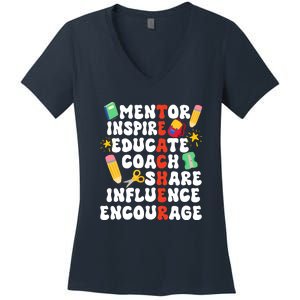 Mentor Inspire Educate Coach Share Influence Encourage Teacher Back To School Women's V-Neck T-Shirt