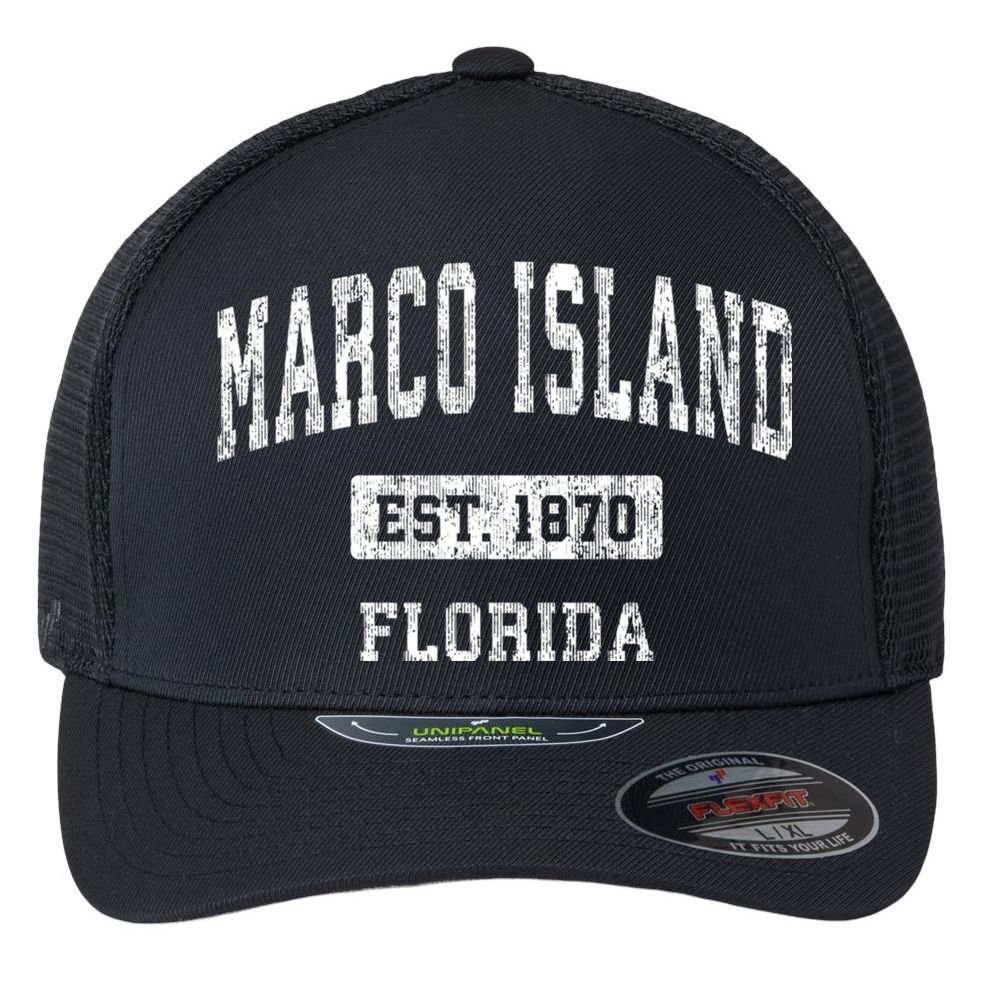Marco Island Florida Fl Vintage Established Sports Design Design Flexfit Unipanel Trucker Cap