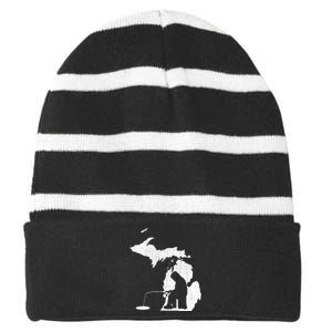 Michigan Ice Fishing State Map Design For Fisherman Striped Beanie with Solid Band