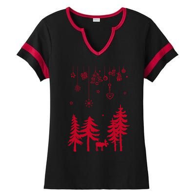 Moose In Forest With Traditional Symbols For Christmas Gift Ladies Halftime Notch Neck Tee