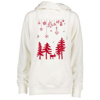 Moose In Forest With Traditional Symbols For Christmas Gift Womens Funnel Neck Pullover Hood