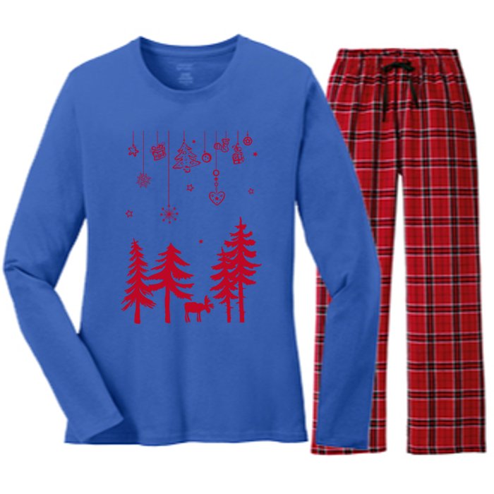 Moose In Forest With Traditional Symbols For Christmas Gift Women's Long Sleeve Flannel Pajama Set 