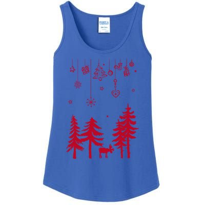 Moose In Forest With Traditional Symbols For Christmas Gift Ladies Essential Tank